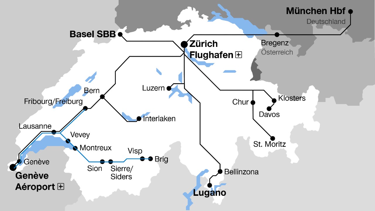 Stand September 2024 fährt der Flugzug auf folgenden Strecken: Fribourg–Lausanne–Genf–Genf Flughafen, Brig–Visp–Sion–Montreux-Lausanne-Genf Flughafen. Interlaken-Bern-Zürich Flughafen Zürich. Basel SBB–Zürich Flughafen, Lugano–Bellinzona–Zürich Flughafen und München Hauptbahnhof–Bregenz–Zürich Flughafen. St. Moritz - Klosters-Davos-Chur-Zürich Flughafen.