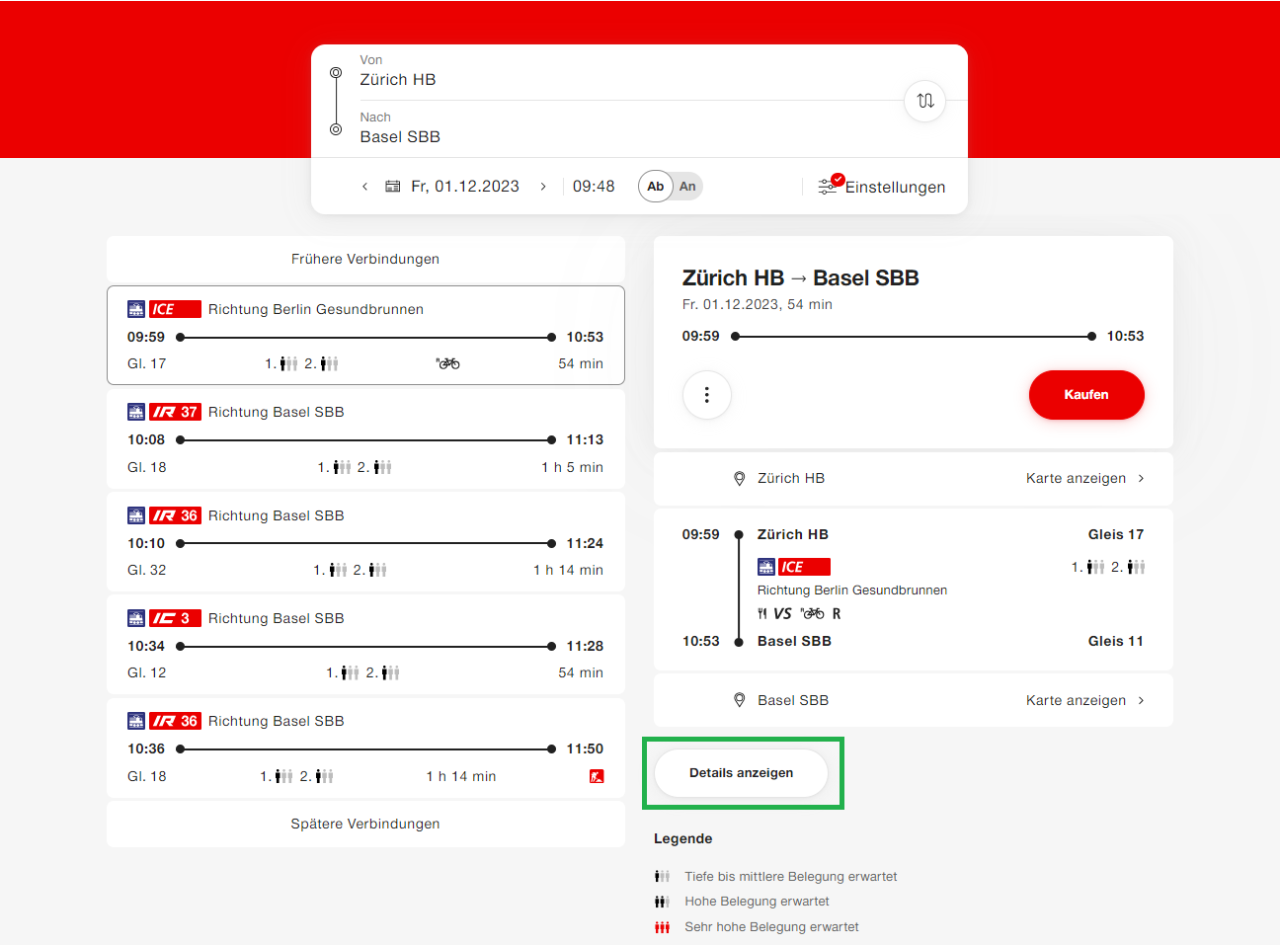 Wählen Sie im Fahrplan auf SBB.ch die gewünschte Verbindung. Klicken Sie in der Verbindung auf den Button «Details anzeigen».