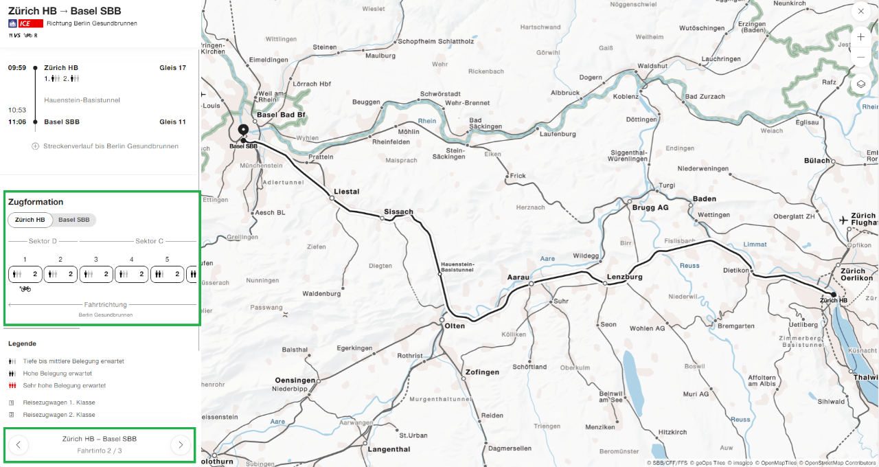 Indem Sie unten links (Fahrtinfo) auf die Pfeile klicken, können Sie die Ansicht wechseln und die Zugformation einblenden.