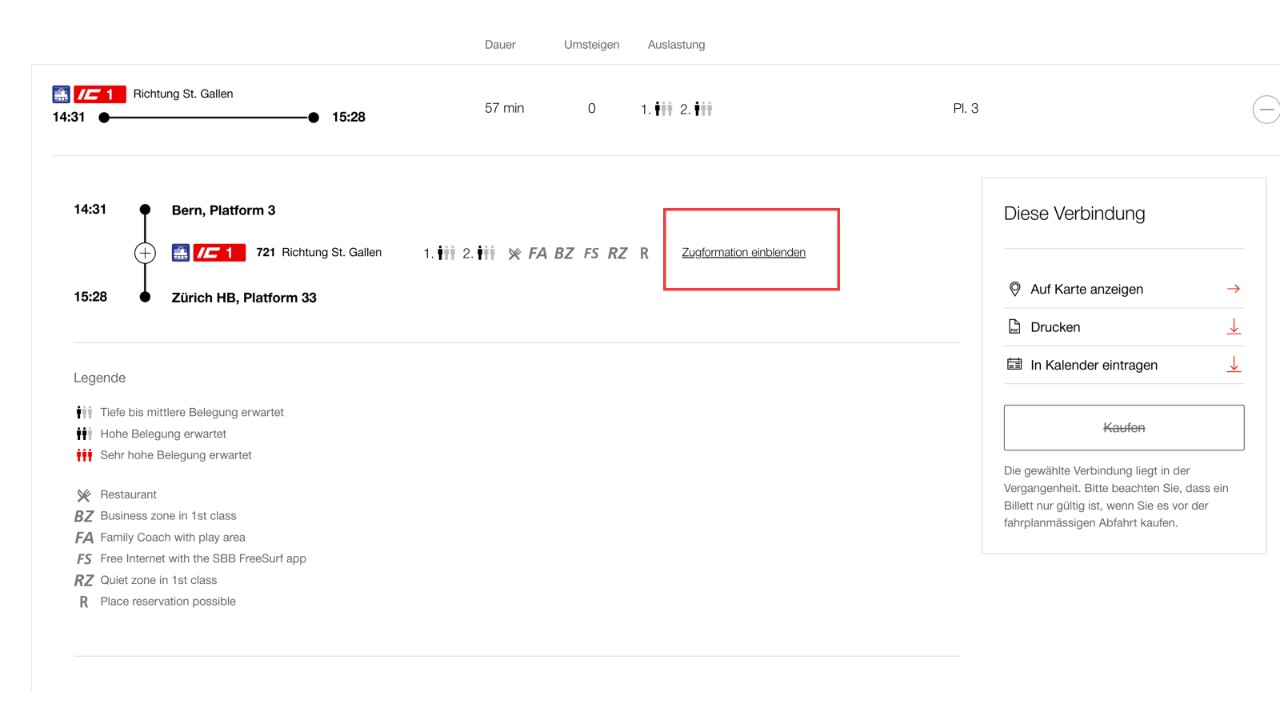 Wählen Sie im Fahrplan auf SBB.ch die gewünschte Verbindung. Klicken Sie in der Verbindung auf den Link mit dem Text Zugformation einblenden.