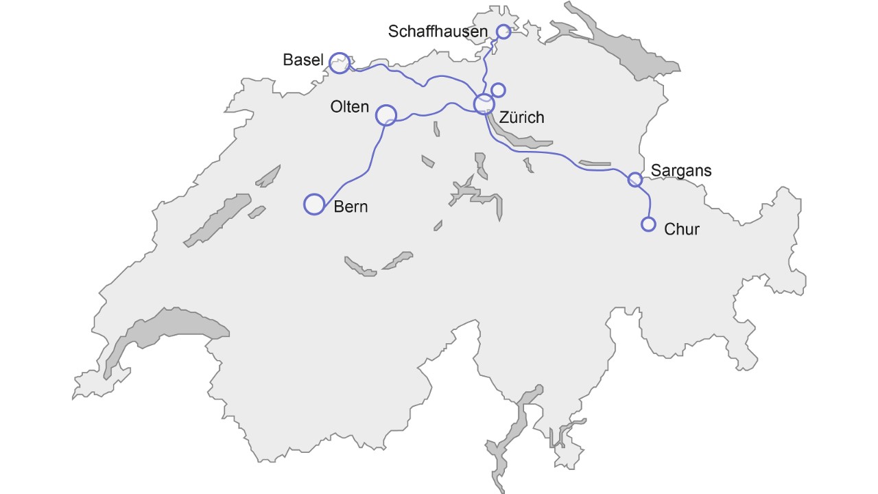 Auf der 2D-Übersichtskarte der Schweiz sieht man die Einsatzstrecken des Neuen interregionalen Doppelstockzugs. Der neue interregionale Doppelstockzug (Neuer IR-Dosto) verkehrt aktuell zwischen Zürich HB und Schaffhausen und ab 2024 zusätzlich auf den Strecken Bern – Zürich HB – Chur und Basel SBB – Zürich Flughafen. Nach der Ablieferung von weiteren Fahrzeugen erweitert sich der Einsatz auf weitere Strecken in der Schweiz.