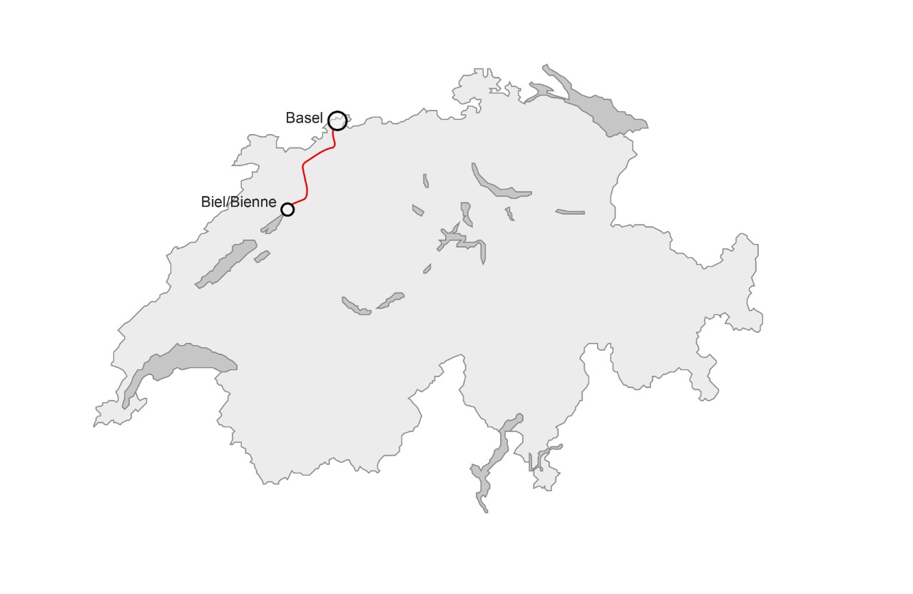 Auf der 2D-Übersichtskarte der Schweiz sieht man die Einsatzstrecke der neuen Mouette-Züge. Sie werden ab 2021 von Biel/Bienne via Delémont nach Basel SBB verkehren.