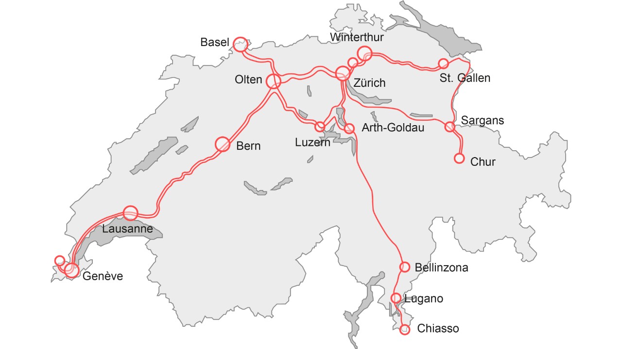 Auf der 2D-Übersichtskarte der Schweiz sieht man die Einsatzstrecken der neuen Fernverkehrs-Doppelstockzüg. Die neuen und modernen FV-Dosto werden nach Ablieferung hauptsächlich auf der Ost-Westachse im Einsatz sein: St. Gallen – Zürich HB – Olten – Bern Lausanne – Genève. Zusätzliche Einsatzstrecken sind Basel SBB – Zürich HB, St. Gallen – Chur, Zürich – Chur, Luzern – Zürich und Basel – Olten – Bern – Interlaken Ost/Brig.