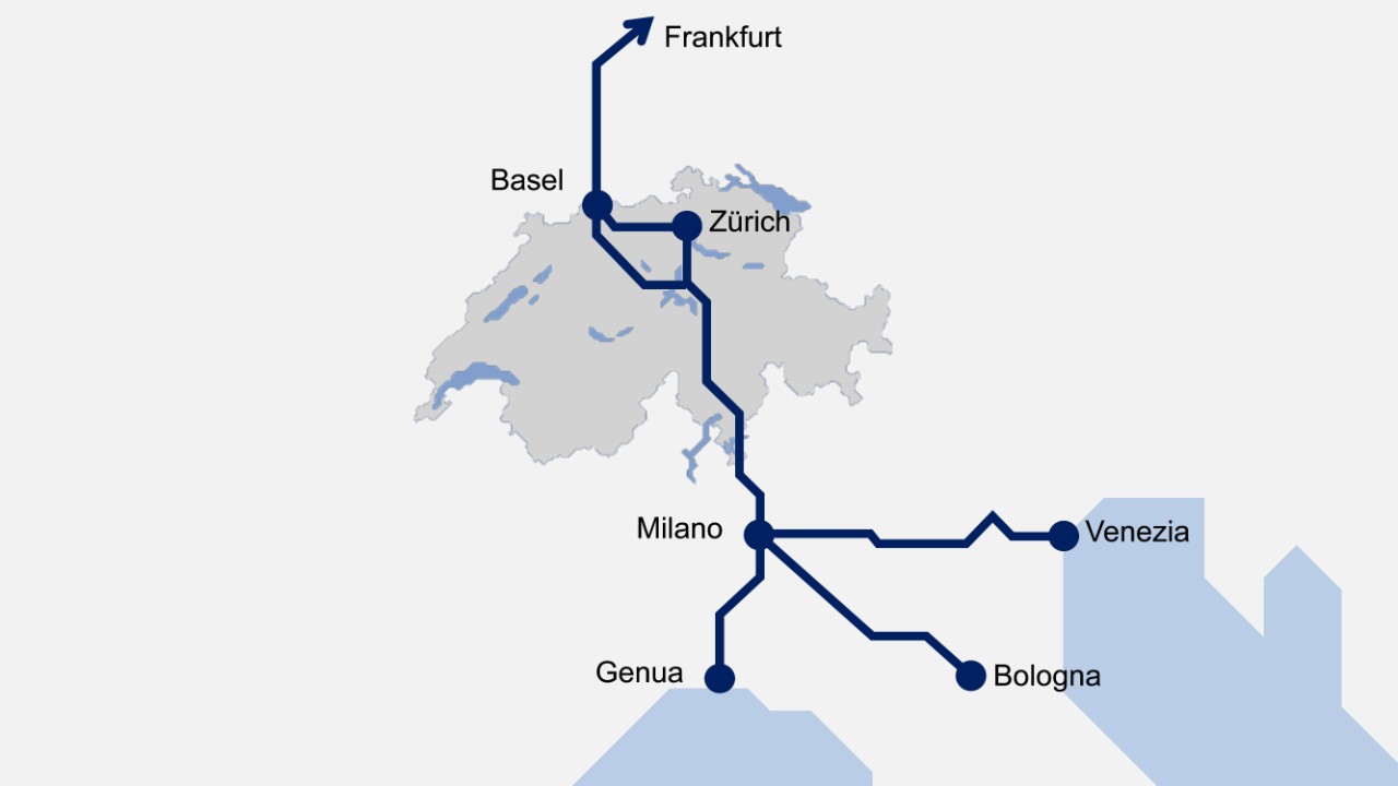 Die 2D-Übersichtskarte zeigt die aktuellen Einsatzstrecken der Giruno-Flotte. Die Züge verkehren von Frankfurt via Gotthard und Lugano durch die Schweiz nach Mailand und vereinzelt weiter in andere italienische Städte.