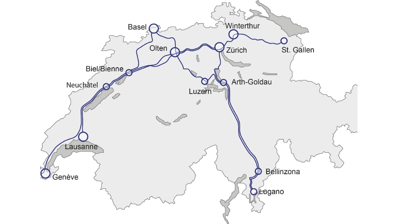 Auf der 2D-Übersichtskarte der Schweiz sieht man die Einsatzstrecken der Intercity Neigezüge. Die ICN verkehren auf der Nord-Südachse von Basel SBB / Zürich HB via Gotthard bis Lugano. Auf der Ost-Westachse verbinden sie St. Gallen mit Zürich HB, Olten, Biel/Bienne, Neuchâtel, Lausanne und Genève über die Jurasüdfuss-Linie. Eine weitere Verbindung führt von Basel SBB via Biel/Bienne nach Lausanne.